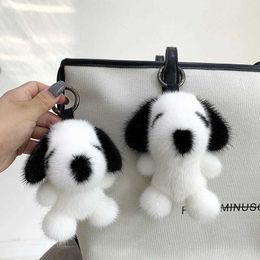 Keychains Lanyards Mink keychain cute little dog real fur pendant womens bag decoration small white dog toy car key metal ring decoration pavilion gift Q240521