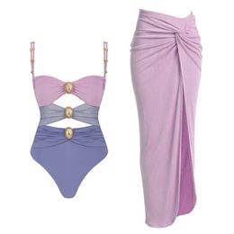 Hollowen One Piece Swimsuit With Cover Up Sexy Swimwear Women Off Shoulder Swim Suits Patchwork Bathsuit Belt Bodysuit Beachwear 240508