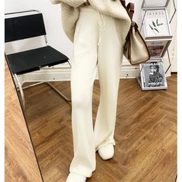 Women's Pants Autumn Knitted Wide Leg Women Elegant Solid Basic Thick Warm Loose Fit Trousers Office Lady Pleating Casual 2024