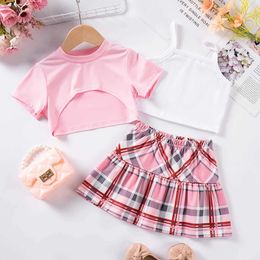 Clothing Sets Summer Girls Clothing 3 sets childrens short sleeve pullover halter vest + skirt suit Girls suit Y240520N9AX