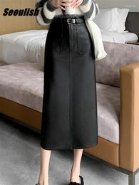 Skirts Seoulish Black Pockets PU Leather Women's Wrap Long With Belted 2024 Autumn Winter Vintage High Waist Female