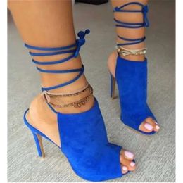 Women Brand Design Fashion Fashion Peep Toe Suede in pelle in pelle Stiletto Gladiator Blue Lace-Up Out HI E43