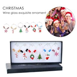 6PCs/box Christmas Wine Glass Decor Charms Party New Year Cup Metal Ring Decor Table Decorations Xmas Pendants