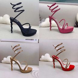 THE New Rene Caovillaa Platform Heel Sandals Women Rhinestone Super High Shoe Fashion Luxury Designer Dress Shoes Satin Snake Shaped Coiled Party