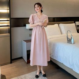 Summer Plus Size V-Neck Pregnant Woman High Waist Fashion Puff Sleeve Ankle-length Maternity Chiffon Dress Holiday Clothes L2405