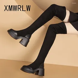 Boots XMWRLW 2024 Women's Thigh High Autumn Shoes Fashion Square Heel Ladies Women Boot Non-Slip