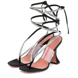 Ladies Leather Genuine Spool Women 2024 High Heels Sandals Pinch Toe Summer Cross-tied Lace-up Casual Transparent Wedding Gladiator Sex 5db