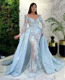 Light Sky Blue Illusion Lace Mermaid Evening Dresses With Detachable Sequins Train Long Sleeves Sexy Prom Dress Sheer Neck Reception Gown For Women