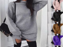 Women Autumn and Winter style High neck Sweater Dress Solid Coloured Loose Long Knitting Slit Dress Turtlenecks For Lady9202995
