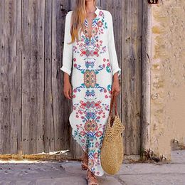 Casual Dresses Spring Loose V-neck Female Dress Temperament 2024 Vintage Split Straight Long Ladies Pattern Print Vocation