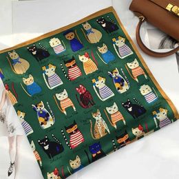 Bandanas Durag Scarves 1PC Cute Kitten Pattern Square Scarf Simulated Silky Scarf Women ClothAccessories Mother Day Gifts J240516