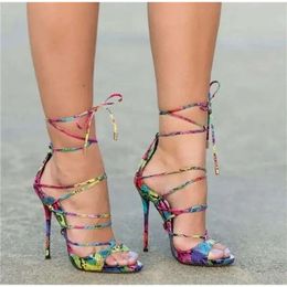 Women New Fashion Colourized Snakeskin Cross Strappy Thin Heel Sexy Lace-up Mix-colors Straps Gladiator Sand bc0