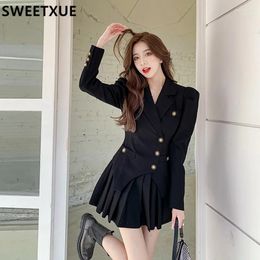 Work Dresses Two Piece Set Women Black Long Sleeve Blazer Jacket Coat & Pleated Skirt Suits Outfits High Quality Korean Fashion 2