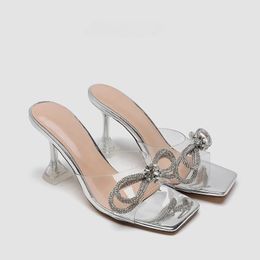 Transparent Wine Glass Heel Fashion Women Shoes Silver Rhinestone Bow Slides Summer Womens High Heel Party Slippers 240510