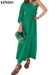 Casual Dresses VONDA Summer Dress 2024 Elegant Maxi Sundress Women Bohemian Ruffled Solid One Shoulder Bandage 3/4 Sleeve Long Robe