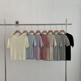 Women's Knits 70% Pure Silk With Spring And Summer Wooden Ear Edge Round Neck Solid Color Short-sleeved Straight Tube Sweater Top