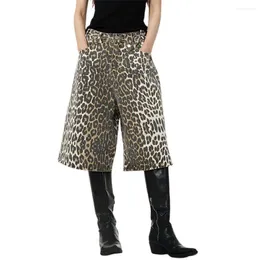 Men's Shorts Leopard Print Wide-leg Bottoms Unisex Denim Pants Retro Streetwear Club Trousers For Women Men With Zipper Button