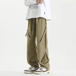 Men's Pants Spring Autumn Solid High Waisted Drawstring Pocket Zipper Elastic Pleated Wide Leg Workwear Sports Trousers Vintage