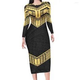 Casual Dresses Autum Trendy Knitted Round Neck Long Sleeve Bodycon Dress Polynesian Tribal Clothing Black Tapa Masi Cloth Floral Print
