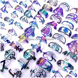 Band Rings Wholesale 100Pcs/Lot Mens Womens Stainless Steel Mticolor Laser Cut Patterns Hollow Carved Flowers Mix Styles Fashion Jewel Dhkpq