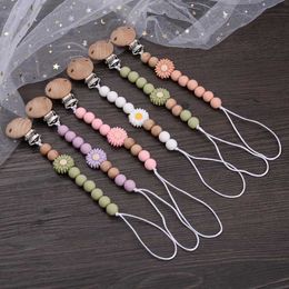 Pacifier Holders Clips# Baby wooden dummy bracket clip with handmade floral silicone bead tea chain for dental care toys baby pacifier accessories d240521