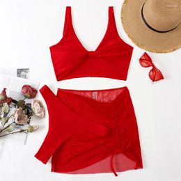 Women's Swimwear Red Bikini Top Women Brazilian Swimsuit Drawstring Mesh Skirt Set 3 Pieces Beach Outfit Bathing Suit Sexy Bikinis Mujer