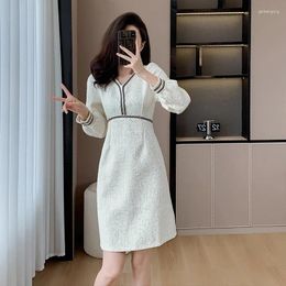 Casual Dresses French Autumn Winter White Tweed Sequines V Neck Dress High Quality Women Lantern Sleeve Weave Woolen Office Ladies A Line