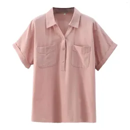 Women's Blouses Cotton And Linen Summer Short Sleeved Shirt Lapel Pullover Double Pocket Loose Plain V Neck