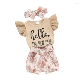 Clothing Sets Baby Girl Born Outfit Hello Im Here Clothes Ribbed Ruffle Romper Top Floral Summer Shorts Set