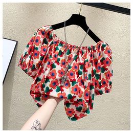 Women's Blouses Spring And Autumn Short Sleeved Chiffon Shirts For Casual Loose Fitting Sweet Fashionable Printed Tops E857