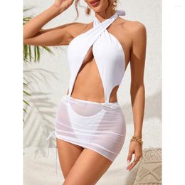 Women's Swimwear Criss Cross Halter One Piece Swimsuit Monokini Backless Bandage Hollow Out Beachwear Mesh Cover Up Drawstring Skirt Set