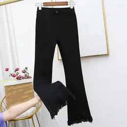 Women's Jeans L-5XL Women's Black Medium Strecth Ankle-Length Flare Denim Pants Fashion Thicken High Waist Tassel Trousers