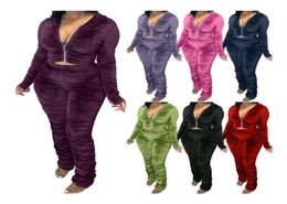 Women039s Tracksuits 2021 Autumn Velvet Stacked Set Zipper Hoodies Ruched Pants Sport Tracksuit Two Piece Outfit Active Sweatsu1520297