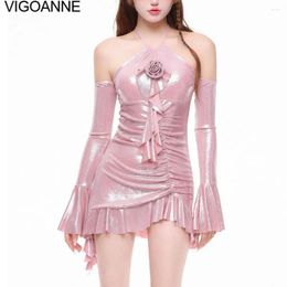 Women's Swimwear VigoAnne Pink Verge Closed Dress Women 2024 Long Sleeve Push Up One Piece Swimsuit Korean Backless Summer Bathing Suit