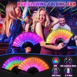 Rave Folding LED Fan with Charging 366 Light Modes Festival Hand Glow In The Dark Dance Party Bar Clubs Fluorescent Props 240521