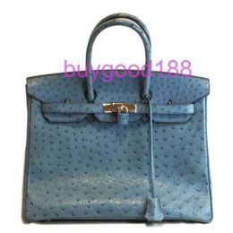 10A Bridkkin Delicate Luxury Womens Social Designer Totes Bag Shoulder Bag 35 Hand Bag Blue Gold Ostrich Leather Womens Authentic
