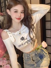 Irregular shoulder long sleeved fairy T-shirt Y2k aesthetic high waisted cut top for womens letter rose print Harajuku ultra-thin T-shirt 240517