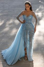 Sexy Side Sit Long Sequins Prom Dresses With Detachable Skirt 2024 Modern Light Sky Blue Long Sleeves Charming Evening Gown Glitter Special Occasion Party Dress