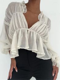 Women's Blouses See Through Shirts Long Sleeve V Neck Ruched Ruffle Tops And Summer Fall Sexy Elegant Smock