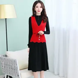 Work Dresses Women's Suit Knit Sweaters And Dress Two-piece Set Female Autumn Solid Casual Cardigan Sweater Vest Outfit G536