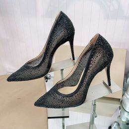 2024 Summer New Pointed Mesh Shallow Mouth Versatile Full Diamond Women's Fine Fashionable High Heel Shoes