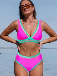 Women's Swimwear Cutout Lace Up Mid Waist Bikini Sets Swimsuit For Women Mesh Solid Sexy V-neck Two Piece 2024 Batching Suit