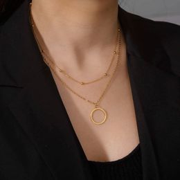 Double Bead Chain Hollow Circle Pendant Necklace For Women Gold Colour Popular Simple Stainless Steel Necklaces Jewellery