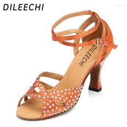 Dance Shoes DILEECHI Adult Women's Dark Skin Satin Latin Diamond Sandals Female Square High-heeled Customized