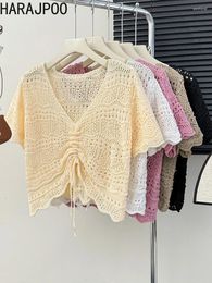 Women's Sweaters Harajpoo Korean Hollowed Out V-neck Drawstring Short Sleeved Knitted Sweater Women Summer Sun Protection Shirt Top