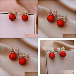 Stud Fashion Jewellery Sweet Red Faux Pearl Bowknot Earrings For Women Rhinestone Bow Dangle Drop Delivery Dhgarden Dhqsu