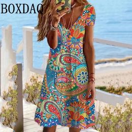 Vintage Ethnic Printing Dress For Women 2024 VNeck Short Sleeve Loose Plus Size Dresses Fashion Casual Floral Sundress 240518