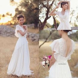 Modest Beach Boho Hippie Dresses V Neck A Line Cap Sleeves Bride Vestidos De Novia Pregnant Wedding Gowns 0521