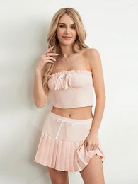Women's Tanks Women Y2k 2 Piece Skirt Set Bowknot Strapless Crop Tube Top Low Waist Pleated Mini Outfits Party Clubwear