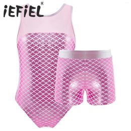 Clothing Sets Kids Girls Sports Outfits Gymnastics Workout Sportswear Suits Stage Performance Ballet Dance Fish Scales Leotard And Shorts